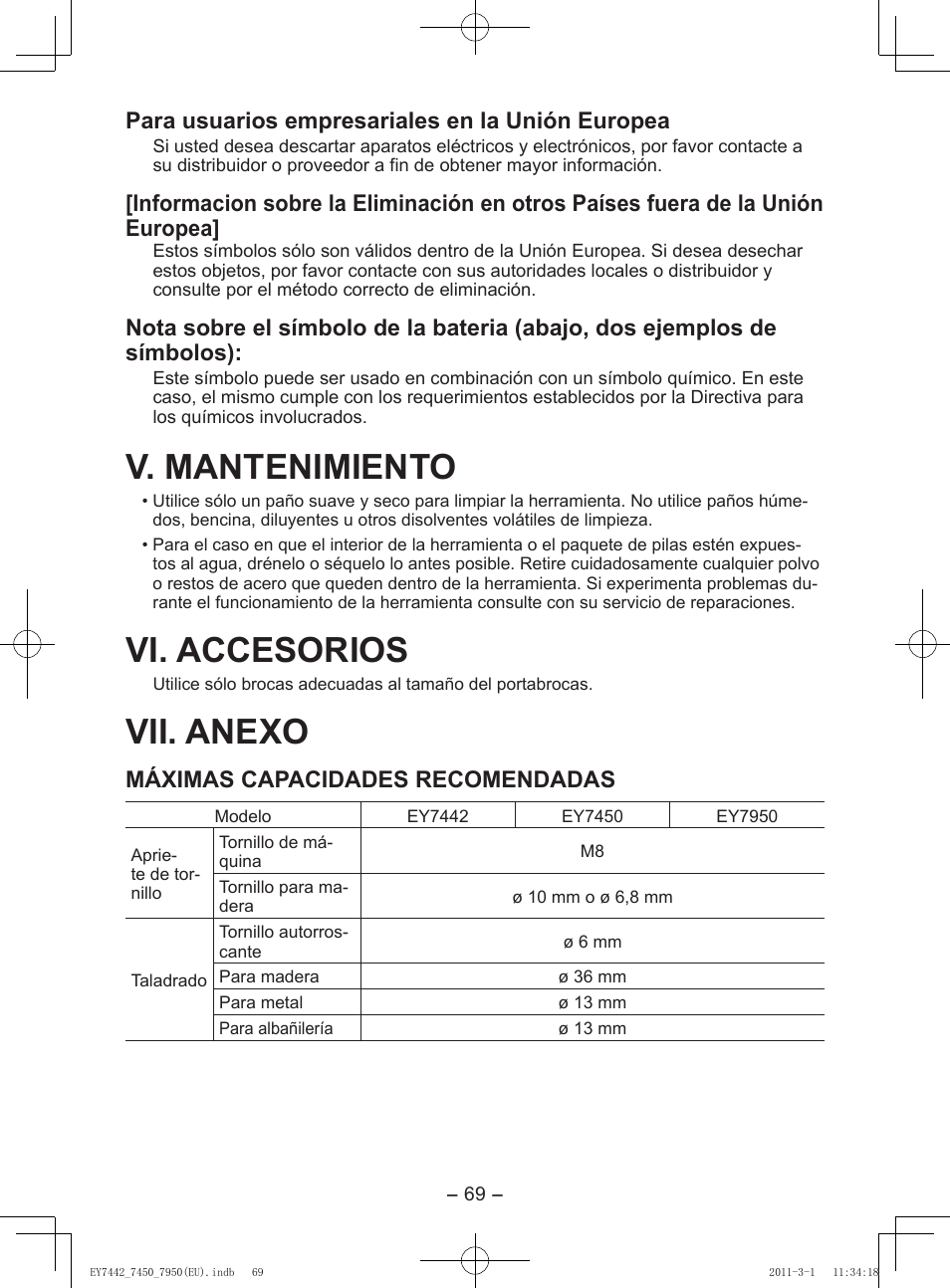 V. mantenimiento, Vi. accesorios, Vii. anexo | Para usuarios empresariales en la unión europea, Máximas capacidades recomendadas | Panasonic EY7950 User Manual | Page 69 / 112