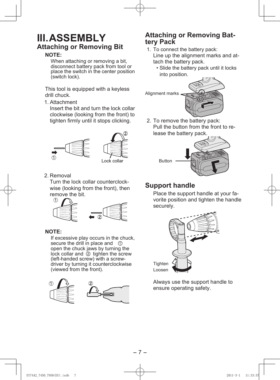 Iii. assembly, Attaching or removing bit, Attaching or removing bat- tery pack | Support handle | Panasonic EY7950 User Manual | Page 7 / 112