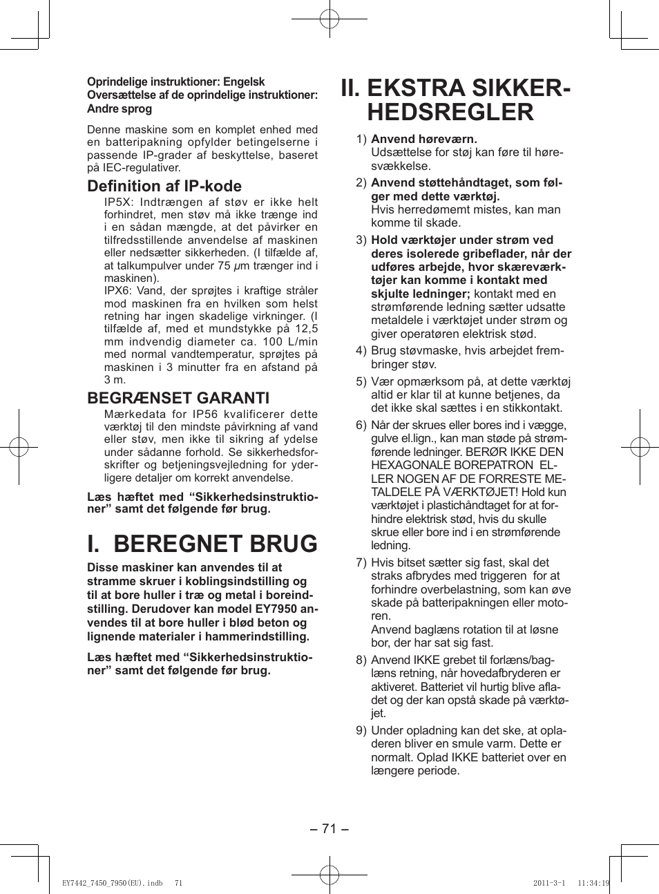 I. beregnet brug, Ii. ekstra sikker- hedsregler, Definition af ip-kode | Begrænset garanti | Panasonic EY7950 User Manual | Page 71 / 112