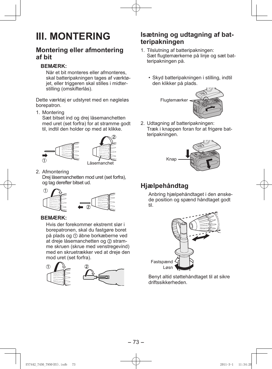 Iii. montering, Montering eller afmontering af bit, Isætning og udtagning af bat- teripakningen | Hjælpehåndtag | Panasonic EY7950 User Manual | Page 73 / 112
