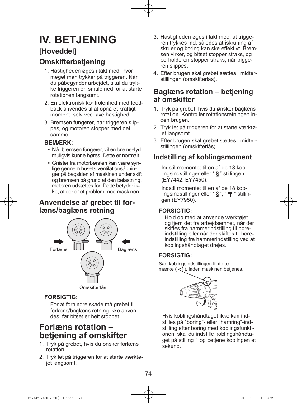 Iv. betjening, Forlæns rotation – betjening af omskifter, Hoveddel] omskifterbetjening | Anvendelse af grebet til for- læns/baglæns retning, Baglæns rotation – betjening af omskifter, Indstilling af koblingsmoment | Panasonic EY7950 User Manual | Page 74 / 112