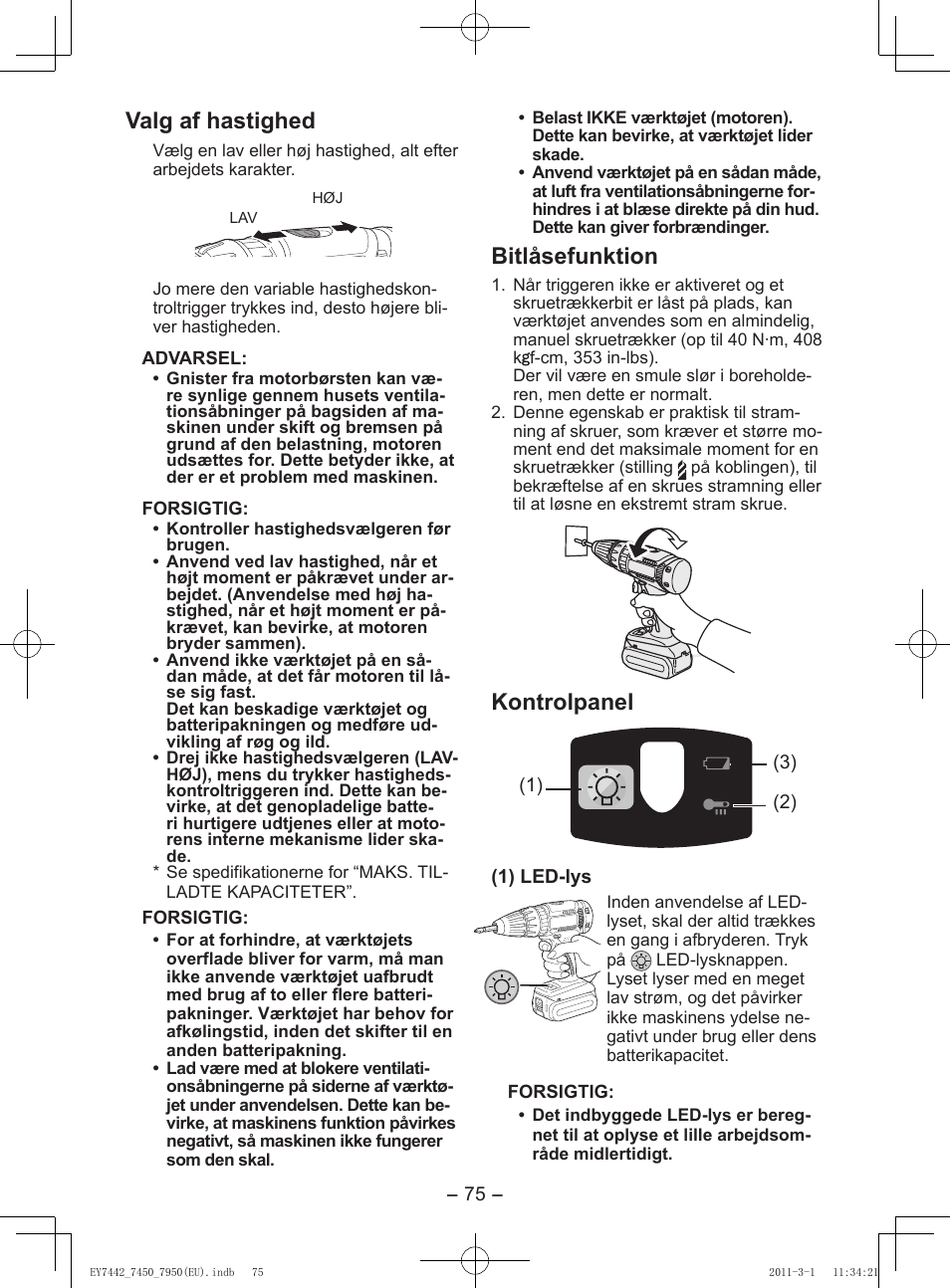 Valg af hastighed, Bitlåsefunktion, Kontrolpanel | Panasonic EY7950 User Manual | Page 75 / 112
