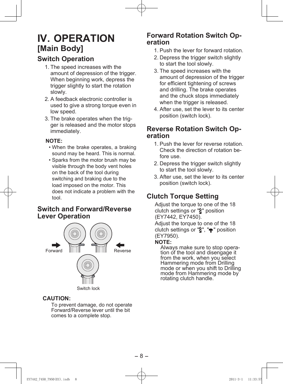 Iv. operation, Main body, Switch operation | Switch and forward/reverse lever operation, Forward rotation switch op- eration, Reverse rotation switch op- eration, Clutch torque setting, Speed selection, Bit-locking function, Control panel | Panasonic EY7950 User Manual | Page 8 / 112