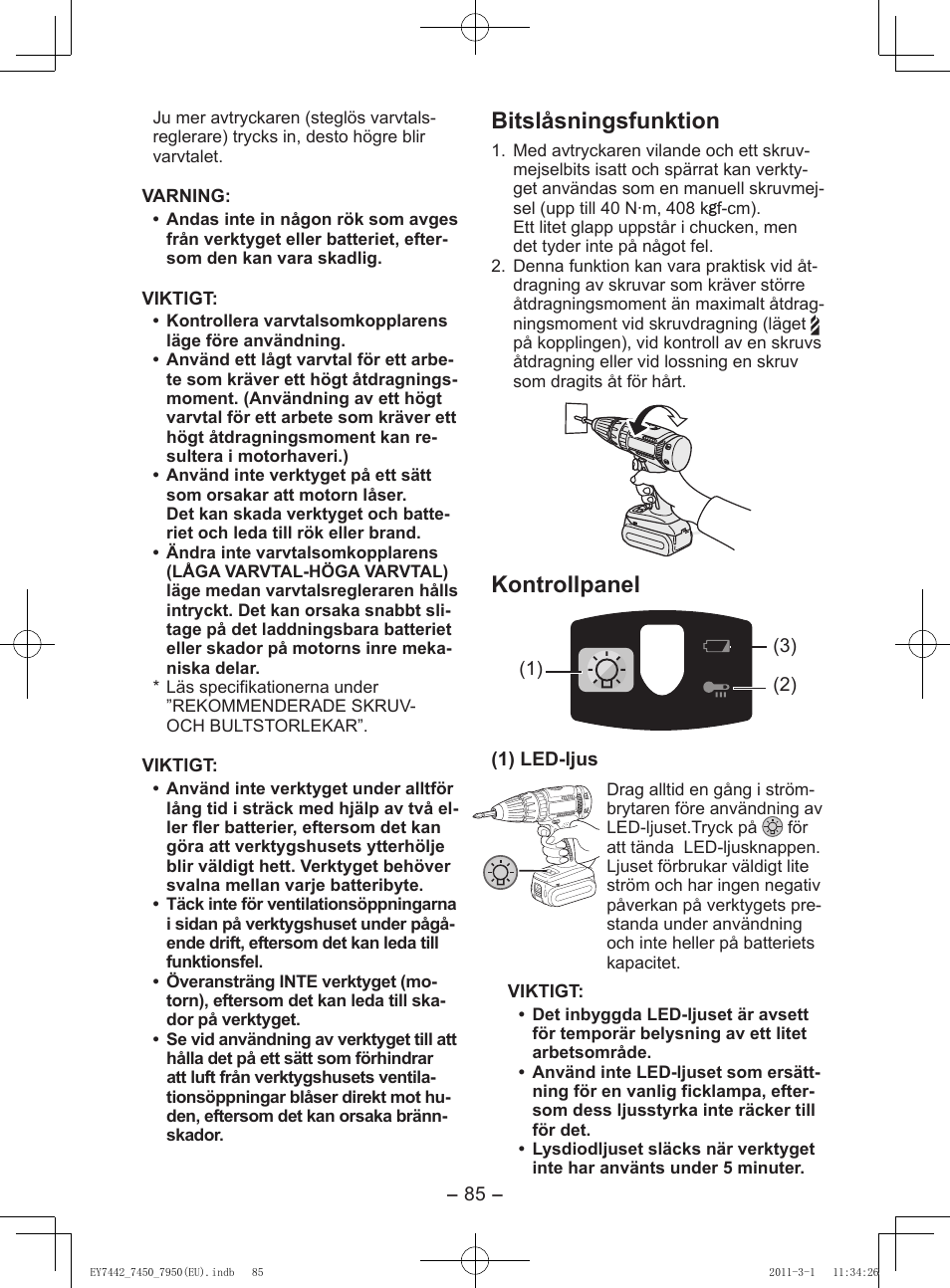 Bitslåsningsfunktion, Kontrollpanel | Panasonic EY7950 User Manual | Page 85 / 112