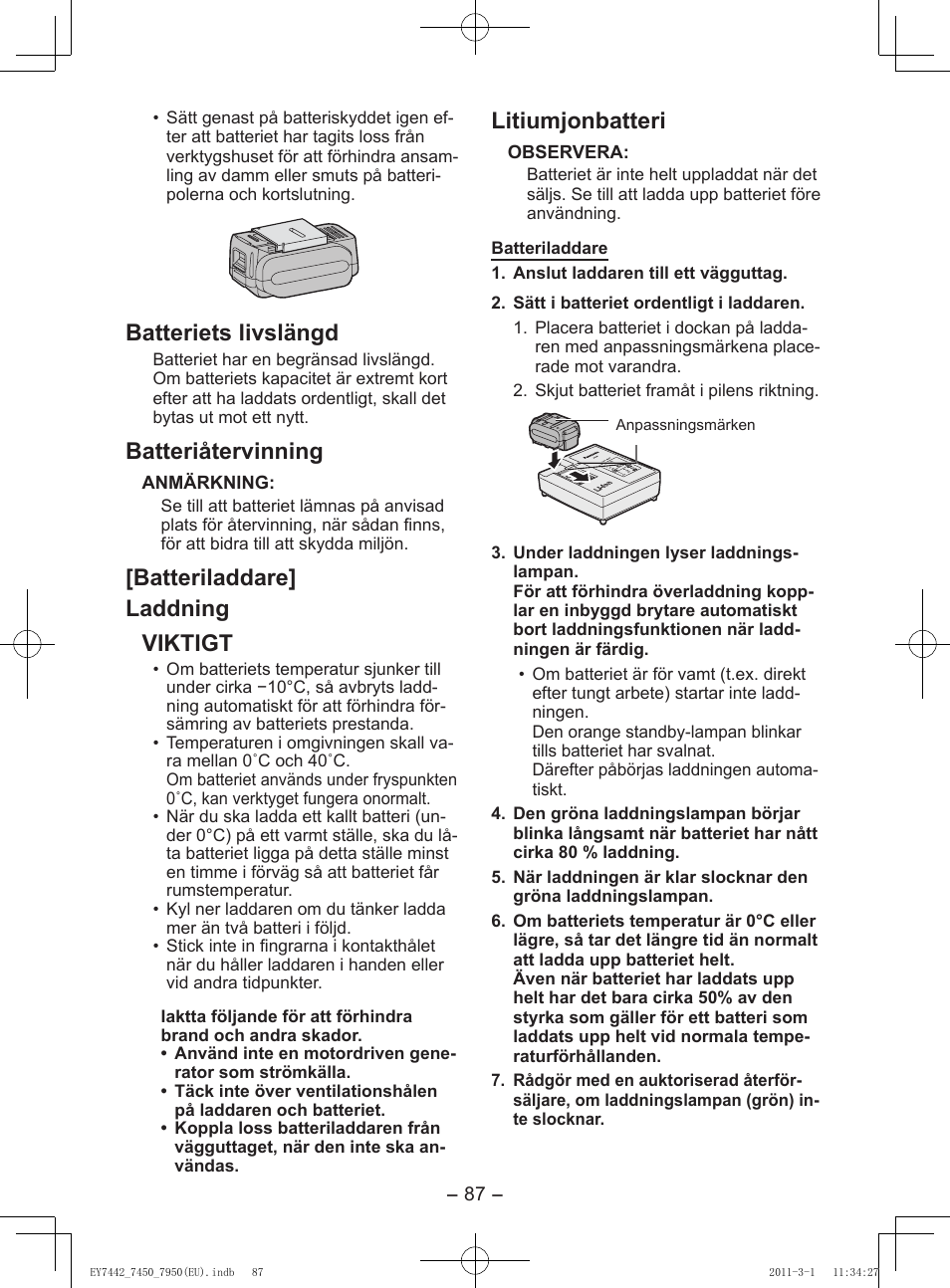 Batteriets livslängd, Batteriåtervinning, Batteriladdare] laddning viktigt | Litiumjonbatteri | Panasonic EY7950 User Manual | Page 87 / 112