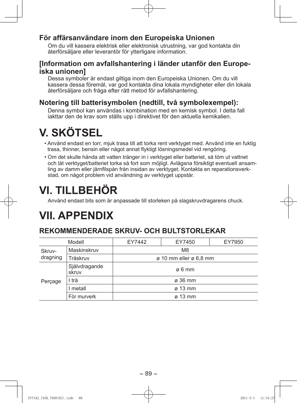 V. skötsel, Vi. tillbehör, Vii. appendix | För affärsanvändare inom den europeiska unionen, Rekommenderade skruv- och bultstorlekar | Panasonic EY7950 User Manual | Page 89 / 112