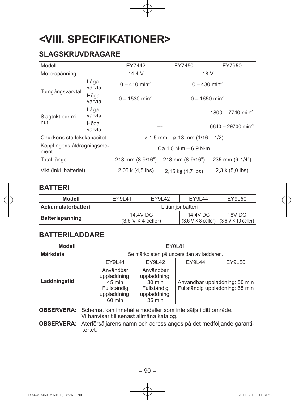 Viii. specifikationer, Slagskruvdragare, Batteri | Batteriladdare | Panasonic EY7950 User Manual | Page 90 / 112
