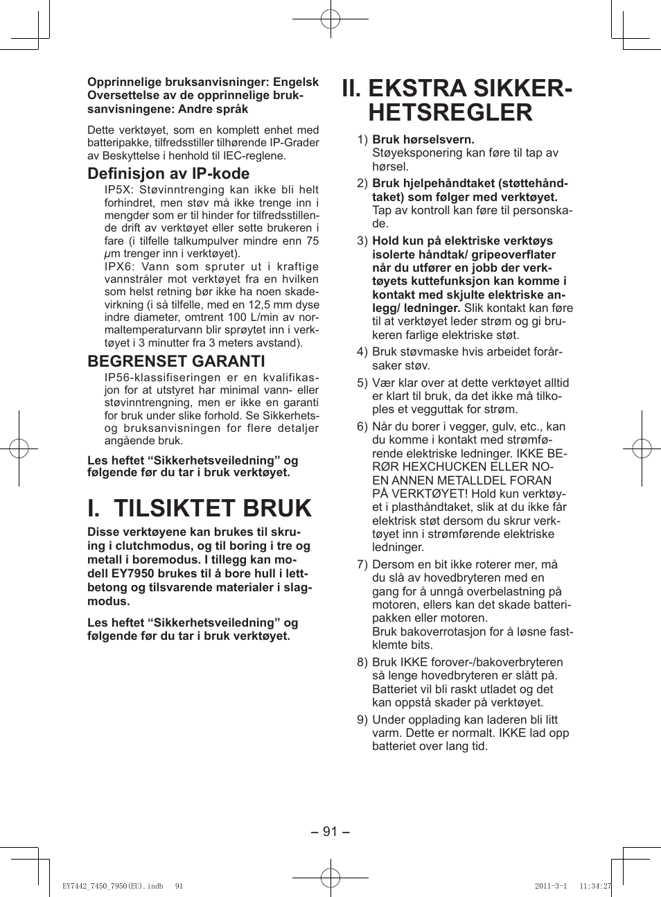 I. tilsiktet bruk, Ii. ekstra sikker- hetsregler, Definisjon av ip-kode | Begrenset garanti | Panasonic EY7950 User Manual | Page 91 / 112