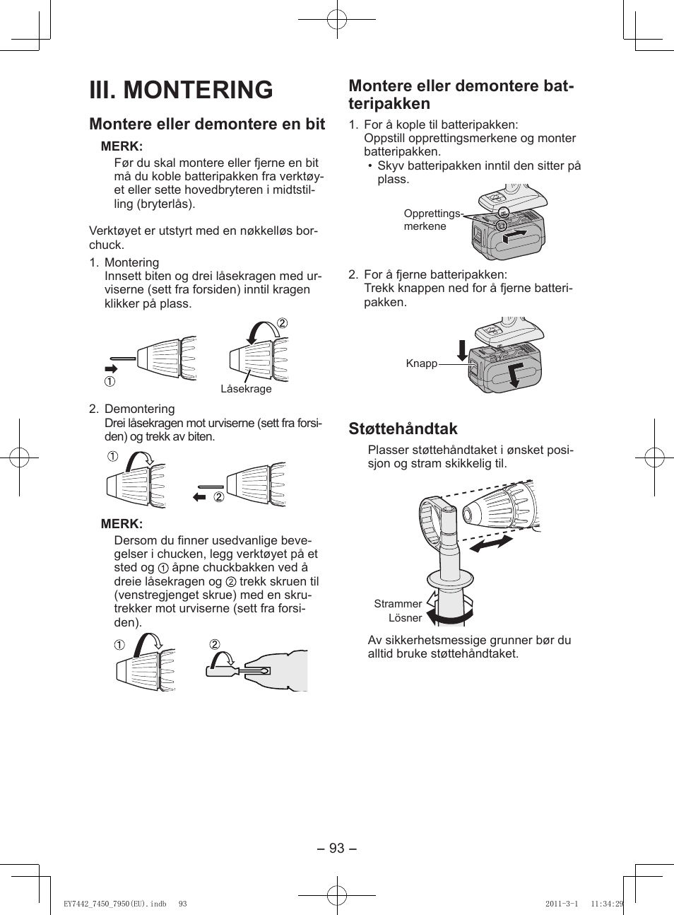 Iii. montering, Montere eller demontere en bit, Montere eller demontere bat- teripakken | Støttehåndtak | Panasonic EY7950 User Manual | Page 93 / 112