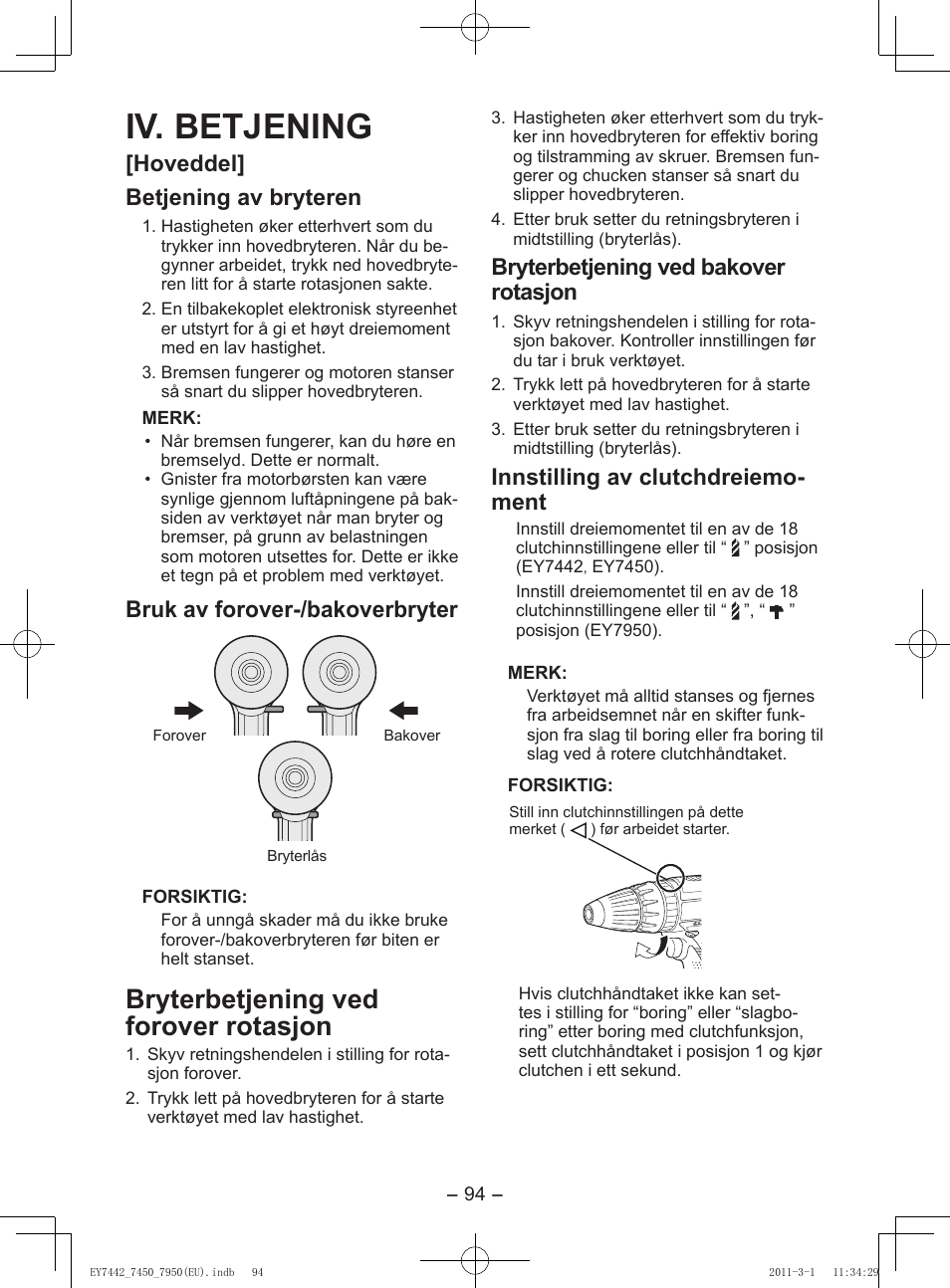 Iv. betjening, Bryterbetjening ved forover rotasjon, Hoveddel] betjening av bryteren | Bruk av forover-/bakoverbryter, Bryterbetjening ved bakover rotasjon, Innstilling av clutchdreiemo- ment | Panasonic EY7950 User Manual | Page 94 / 112