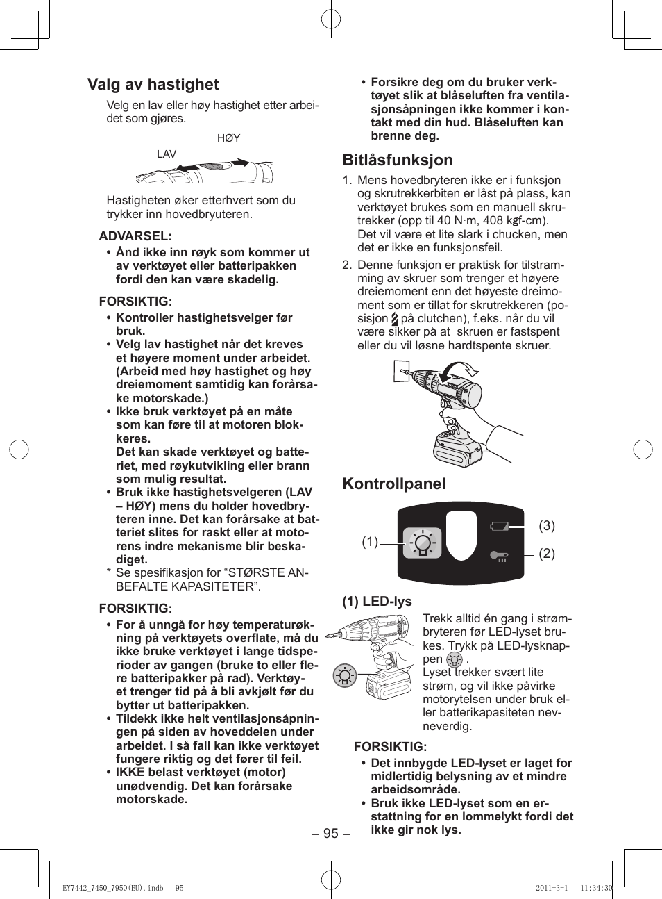 Valg av hastighet, Bitlåsfunksjon, Kontrollpanel | Panasonic EY7950 User Manual | Page 95 / 112