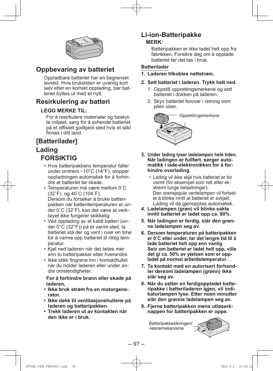 Oppbevaring av batteriet, Resirkulering av batteri, Batterilader] lading forsiktig | Li-ion-batteripakke | Panasonic EY7950 User Manual | Page 97 / 112