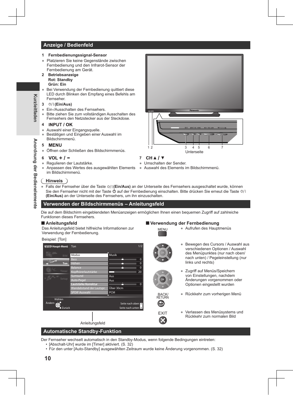 Anzeige / bedienfeld, Verwenden der bildschirmmenüs – anleitungsfeld, Automatische standby-funktion | Panasonic TX32AW404 User Manual | Page 10 / 288