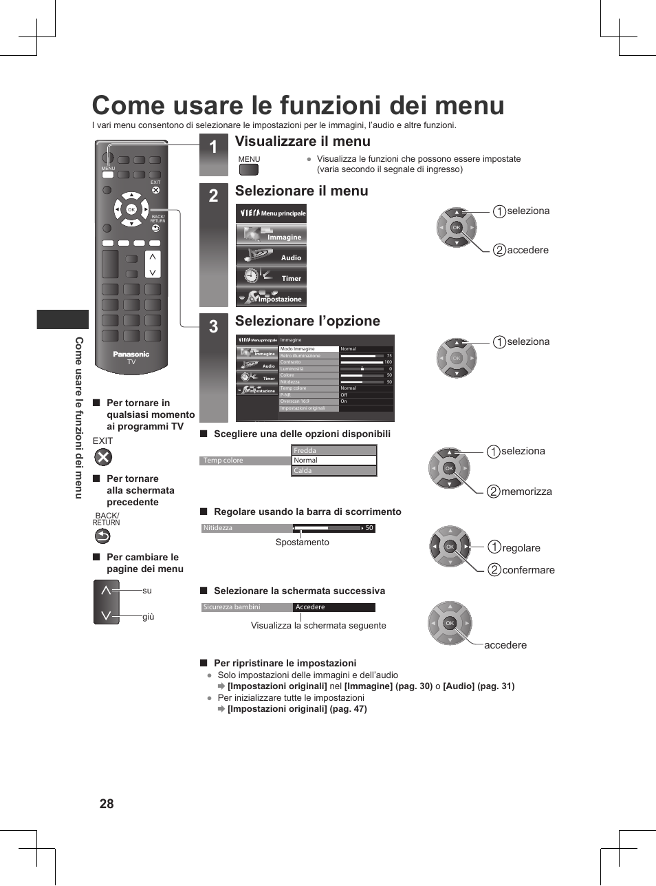 Come usare le funzioni dei menu, Pag. 28), Visualizzare il menu | Selezionare il menu, Selezionare l’opzione | Panasonic TX32AW404 User Manual | Page 100 / 288