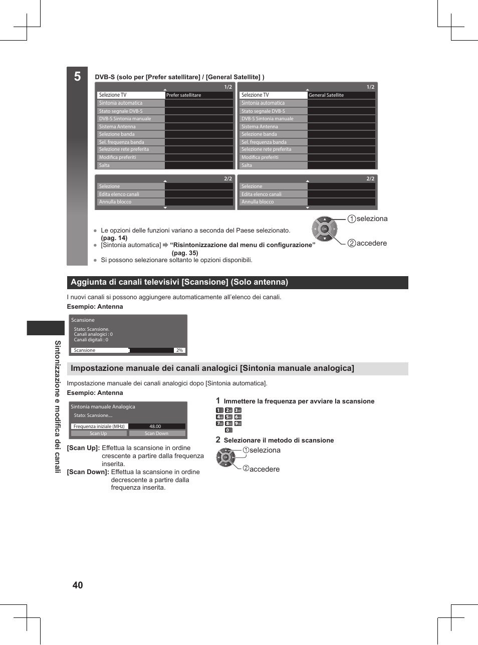 Pag. 40), Sintonizzazione e modifica dei canali | Panasonic TX32AW404 User Manual | Page 112 / 288