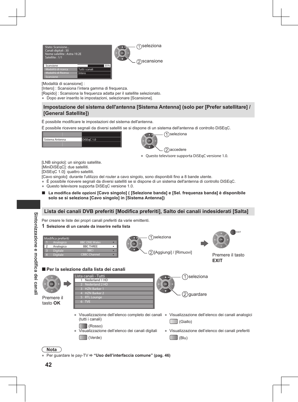 Pag. 42), Crea una lista dei canali. (pag. 42), Sintonizzazione e modifica dei canali | Panasonic TX32AW404 User Manual | Page 114 / 288