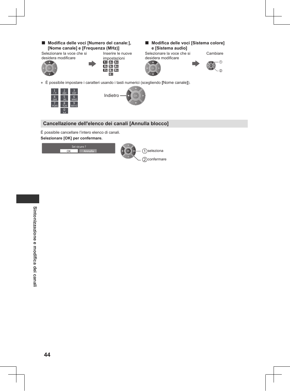 Pag. 44), Sintonizzazione e modifica dei canali, Indietro | Panasonic TX32AW404 User Manual | Page 116 / 288