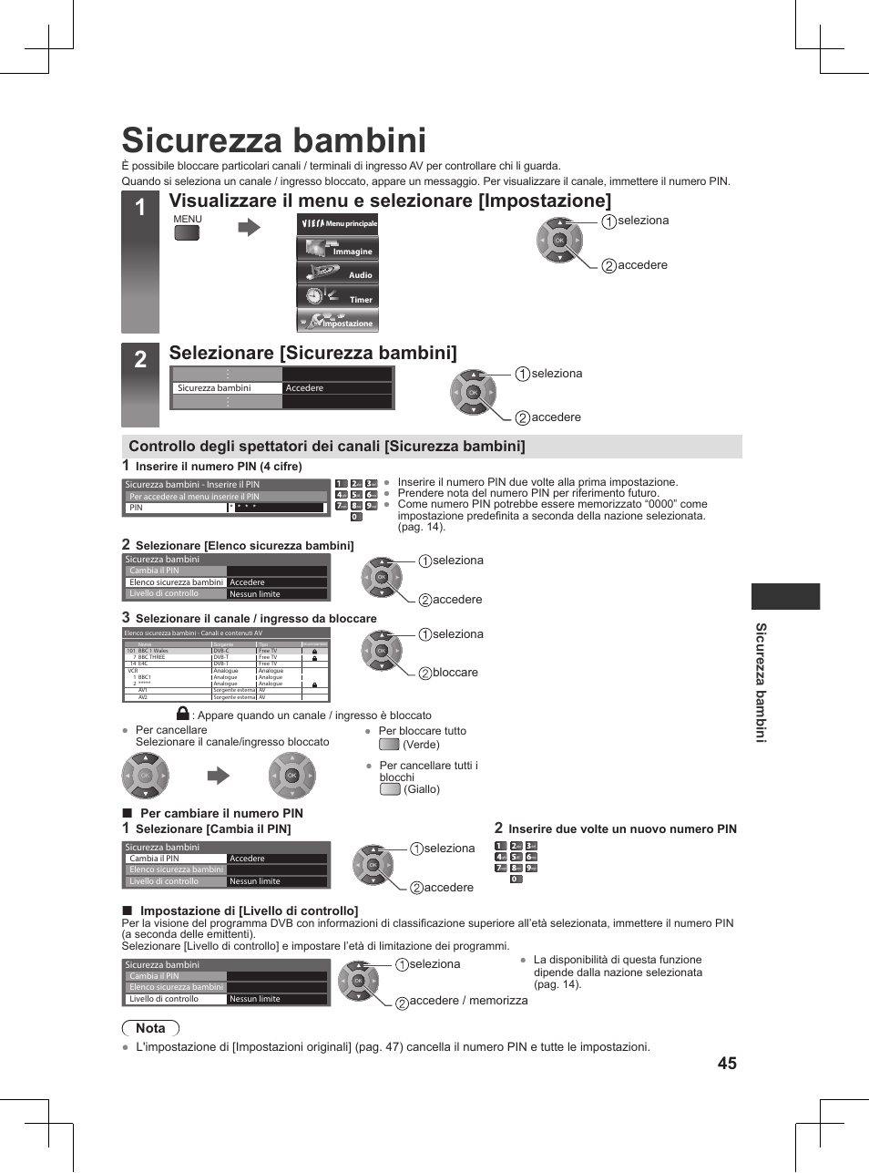 Sicurezza bambini, Pag. 45), Visualizzare il menu e selezionare [impostazione | Selezionare [sicurezza bambini, Nota | Panasonic TX32AW404 User Manual | Page 117 / 288