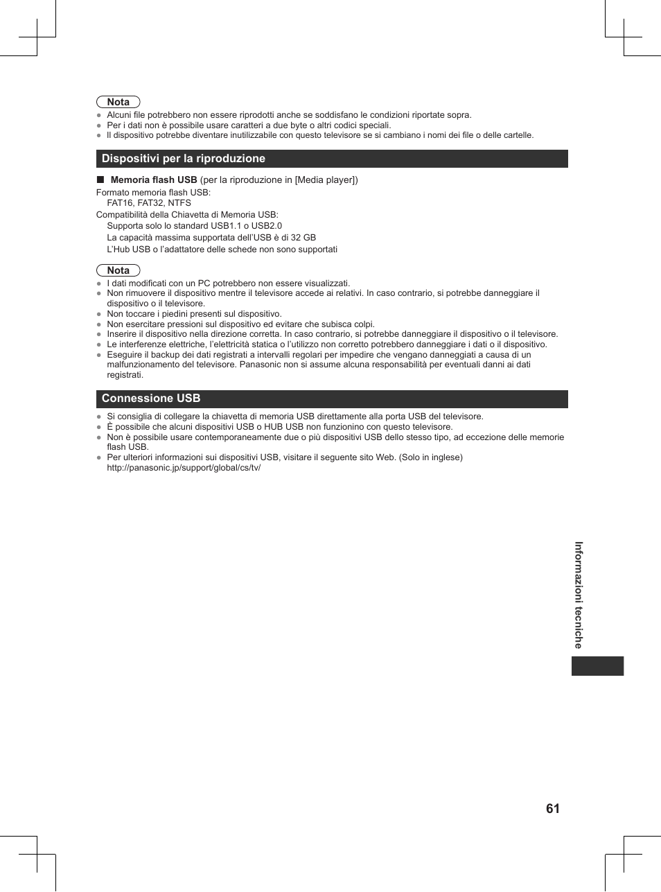 Dispositivi per la riproduzione, Pag. 61), Connessione usb | Panasonic TX32AW404 User Manual | Page 133 / 288