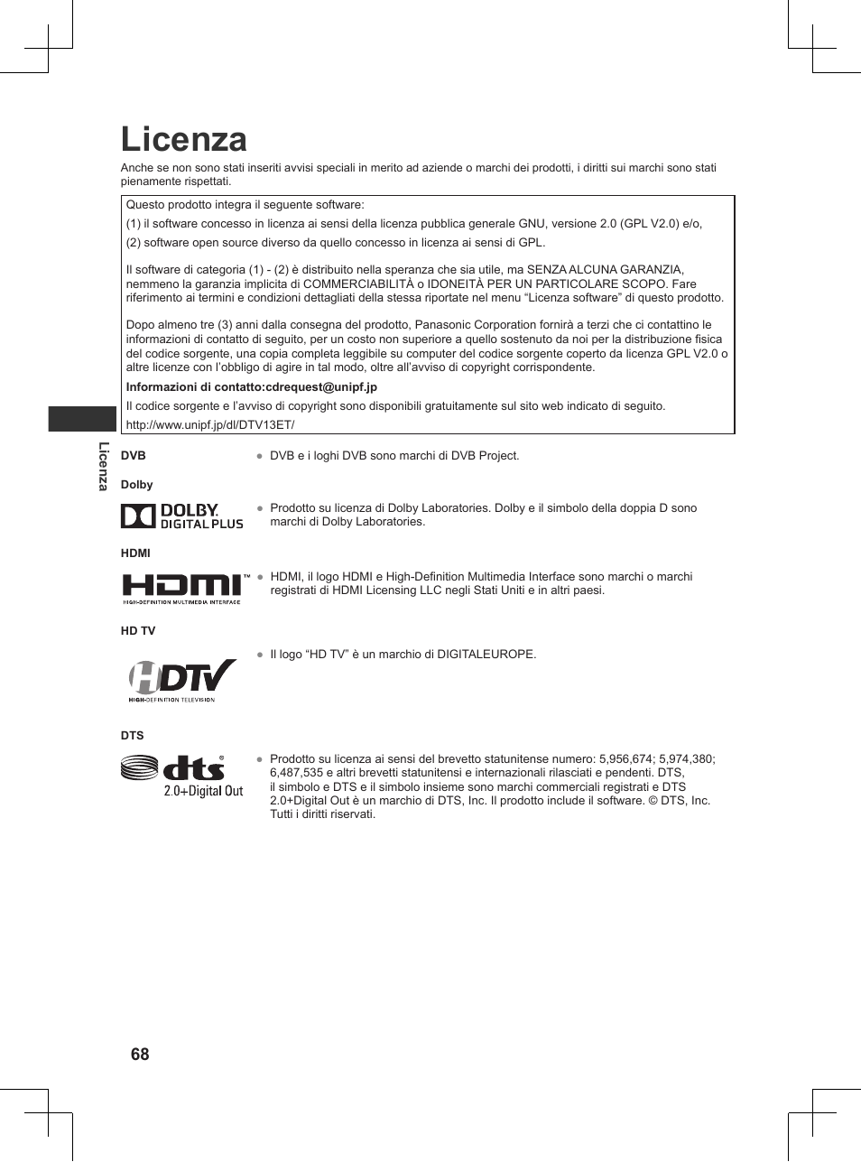 Licenza | Panasonic TX32AW404 User Manual | Page 140 / 288