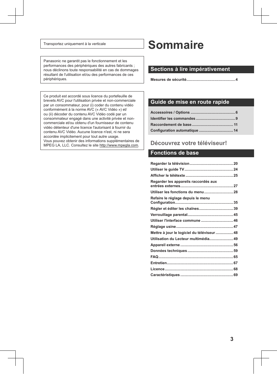 Sommaire, Découvrez votre téléviseur, Guide de mise en route rapide | Fonctions de base | Panasonic TX32AW404 User Manual | Page 147 / 288