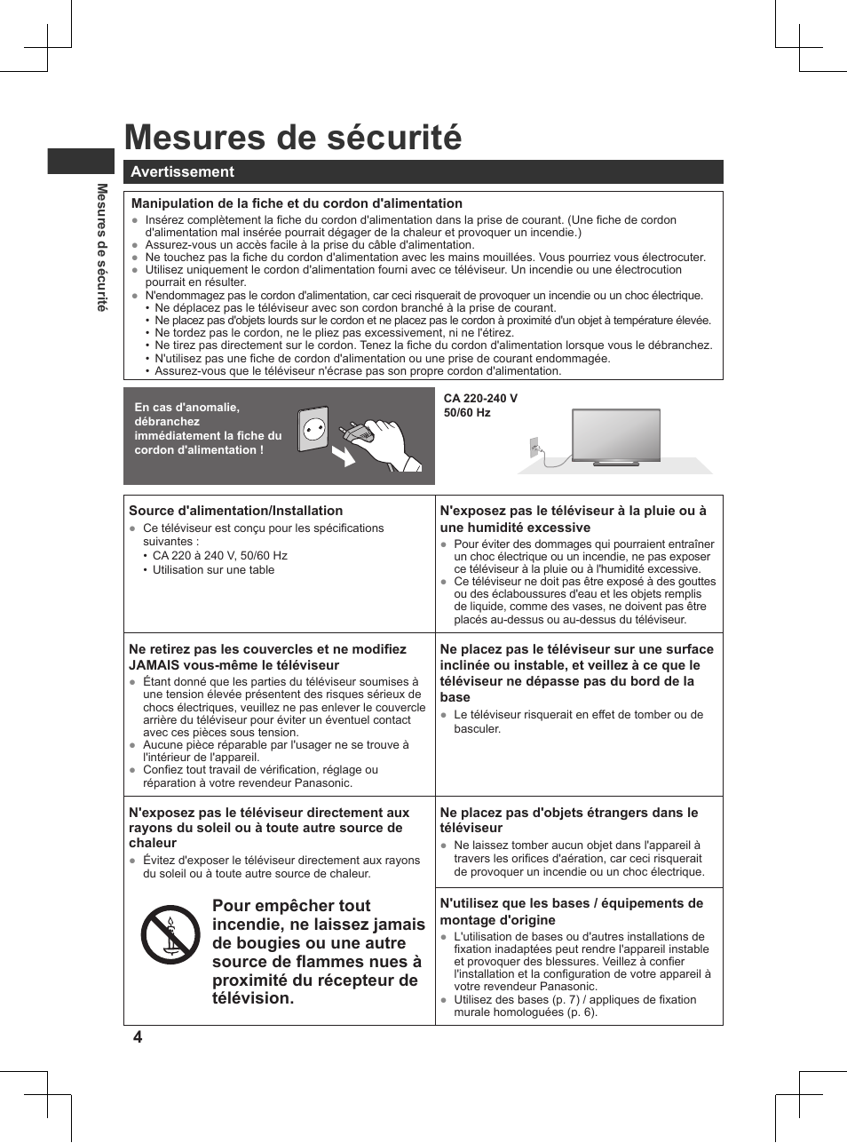 Sections à lire impérativement, Mesures de sécurité | Panasonic TX32AW404 User Manual | Page 148 / 288