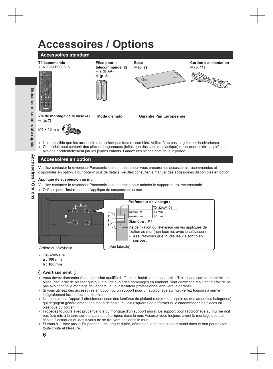 Guide de mise en route rapide, Accessoires / options, Accessoires standard | Accessoires en option, Avertissement | Panasonic TX32AW404 User Manual | Page 150 / 288