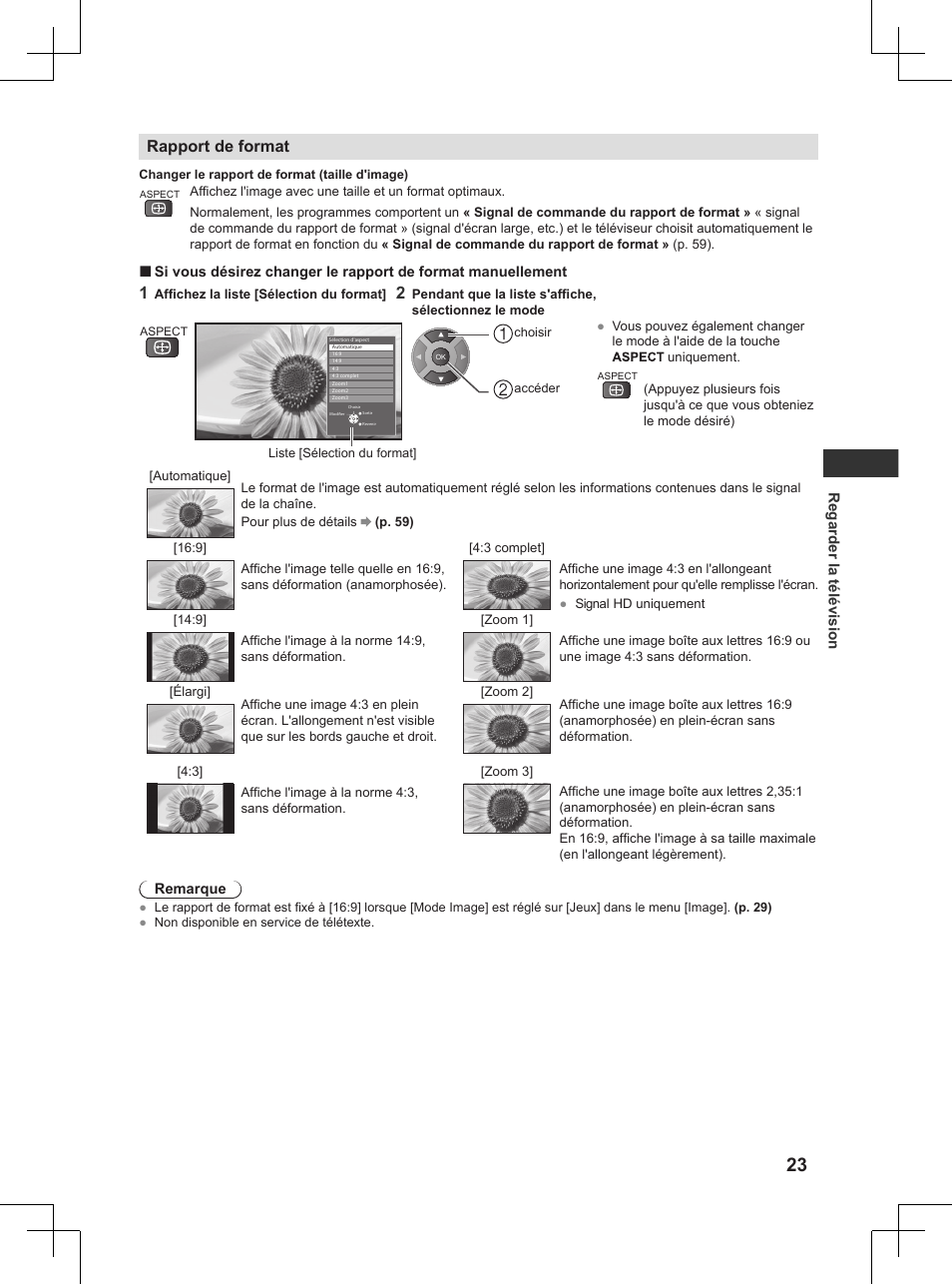 P. 23), Rapport de format | Panasonic TX32AW404 User Manual | Page 167 / 288