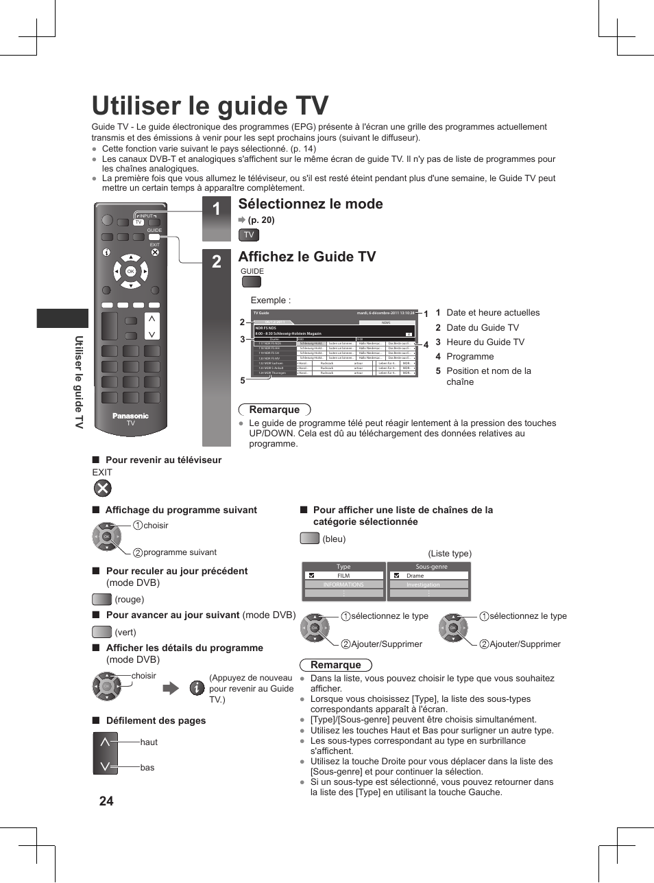 Utiliser le guide tv, P. 24), Sélectionnez le mode | Affichez le guide tv, Remarque | Panasonic TX32AW404 User Manual | Page 168 / 288