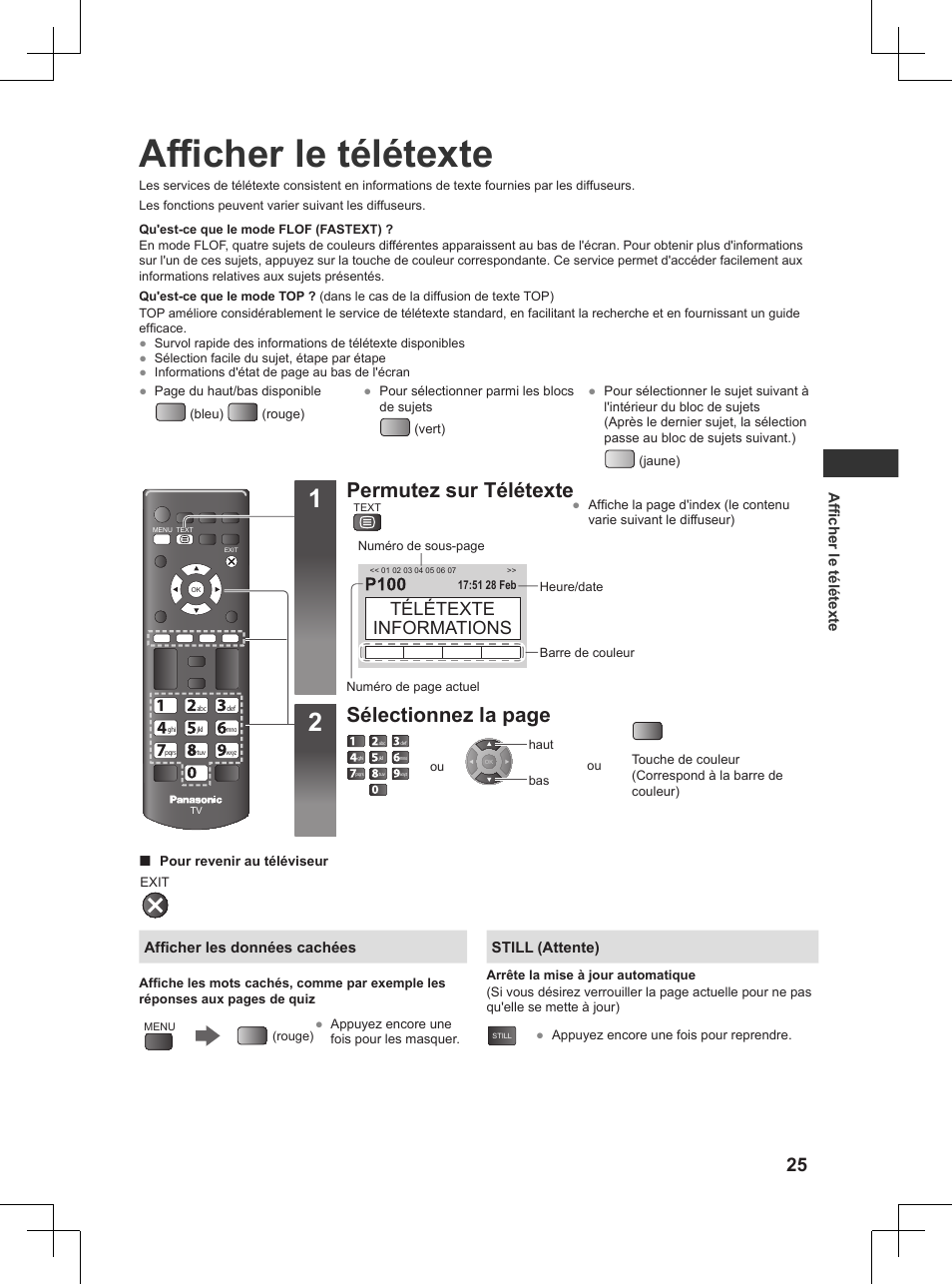 Afficher le télétexte, P. 25), Permutez sur télétexte | Sélectionnez la page, Télétexte informations | Panasonic TX32AW404 User Manual | Page 169 / 288