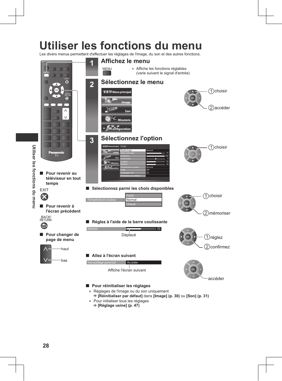 Utiliser les fonctions du menu, P. 28), Affichez le menu | Sélectionnez le menu, Sélectionnez l'option | Panasonic TX32AW404 User Manual | Page 172 / 288