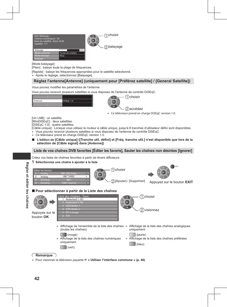 P. 42), Régler et éditer les chaînes, Choisir accédez | Panasonic TX32AW404 User Manual | Page 186 / 288