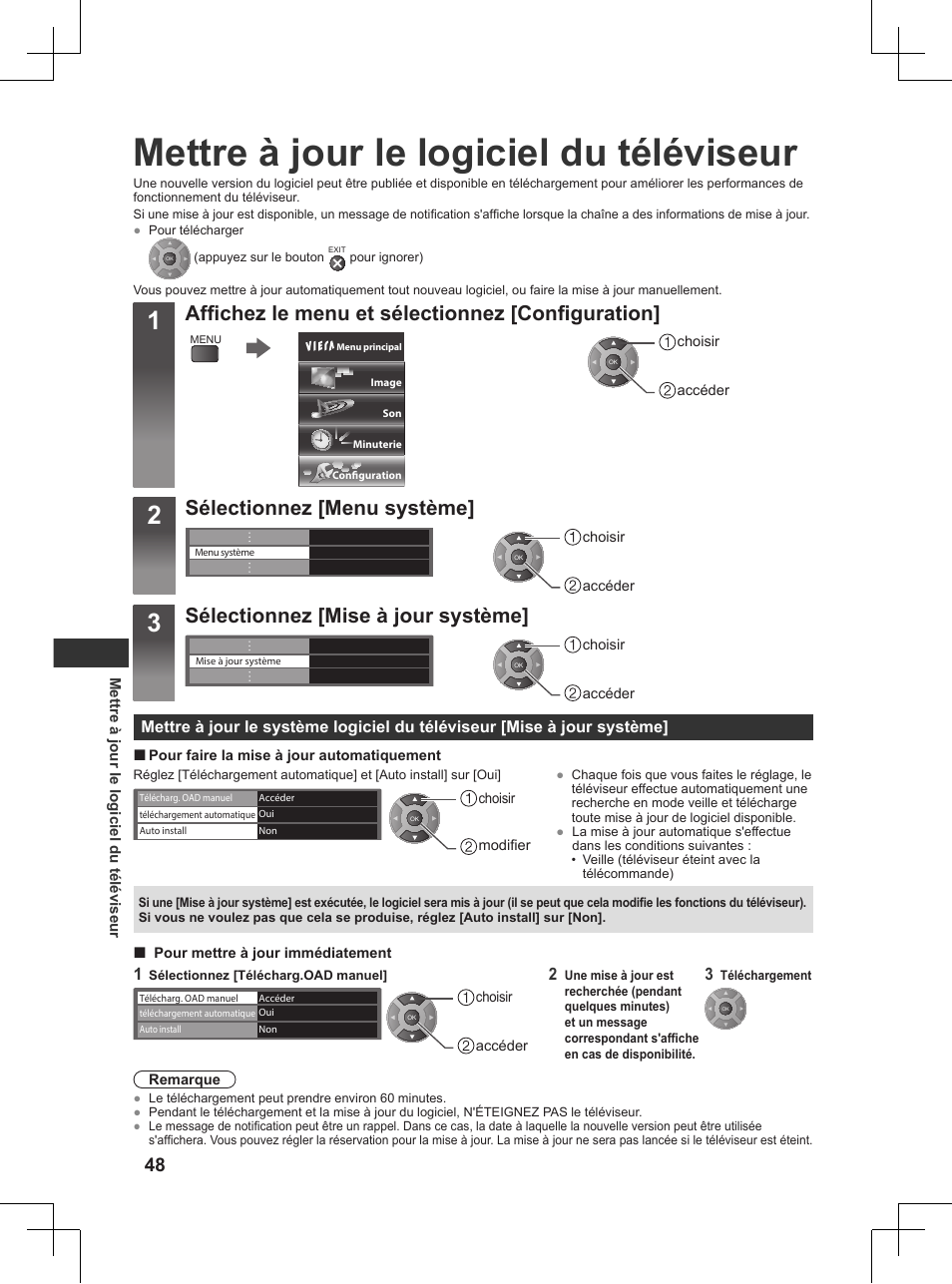 Mettre à jour le logiciel du téléviseur, P. 48), Affichez le menu et sélectionnez [configuration | Sélectionnez [menu système, Sélectionnez [mise à jour système | Panasonic TX32AW404 User Manual | Page 192 / 288