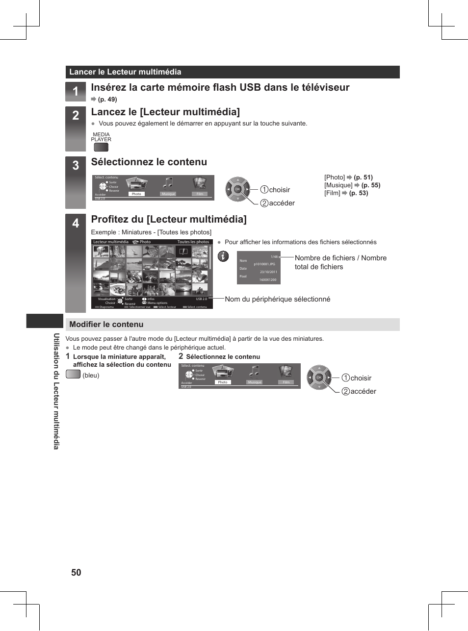 P. 50), Lancez le [lecteur multimédia, Sélectionnez le contenu | Profitez du [lecteur multimédia, Lancer le lecteur multimédia, Modifier le contenu, Utilisation du lecteur multimédia | Panasonic TX32AW404 User Manual | Page 194 / 288