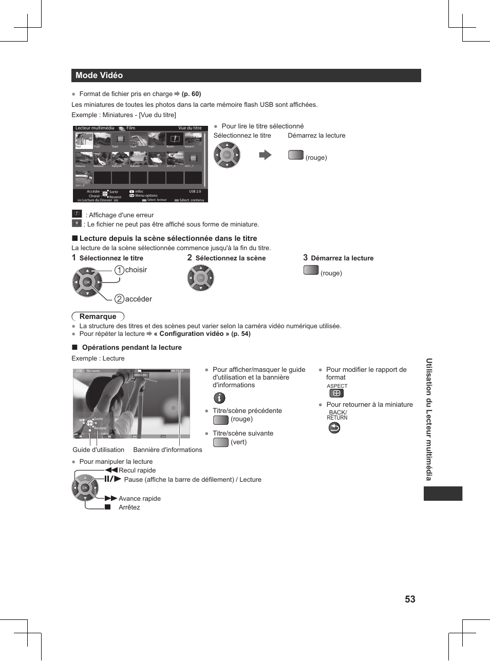 P. 53), Mode vidéo, Utilisation du lecteur multimédia | Panasonic TX32AW404 User Manual | Page 197 / 288