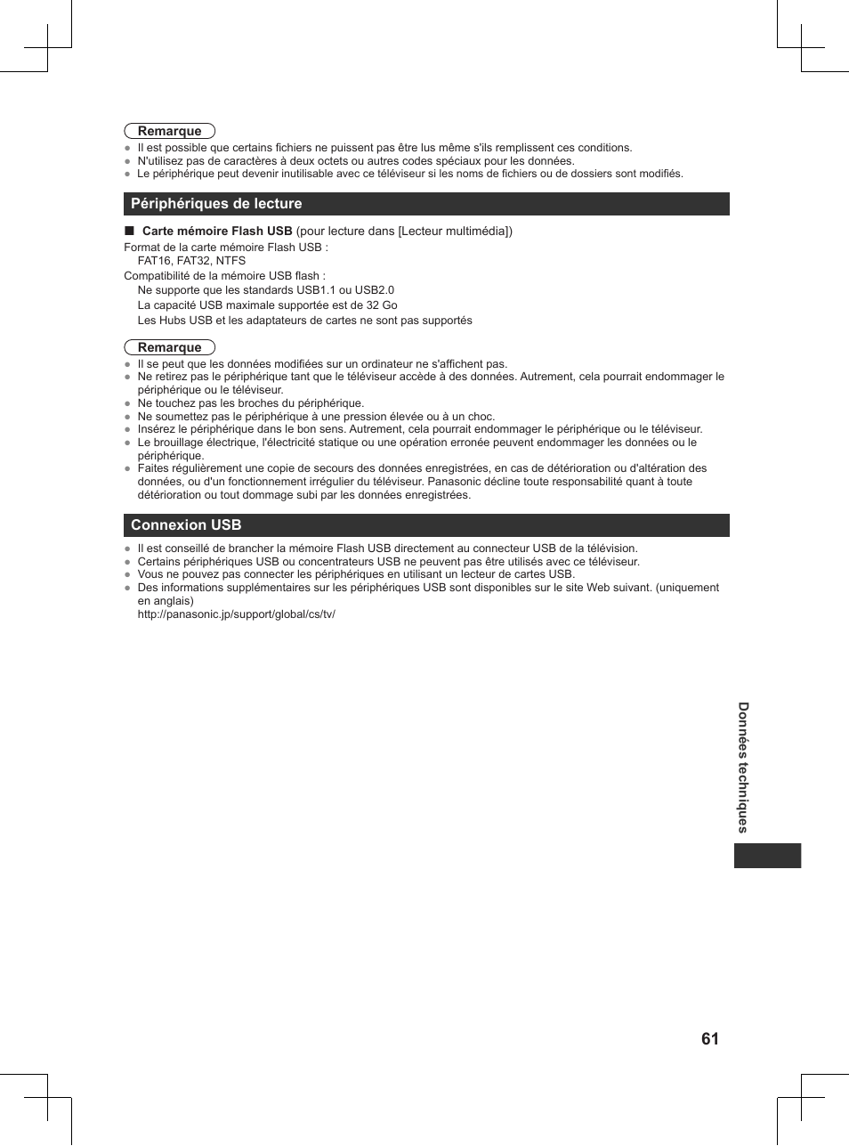 Périphériques de lecture, P. 61), Connexion usb | Panasonic TX32AW404 User Manual | Page 205 / 288