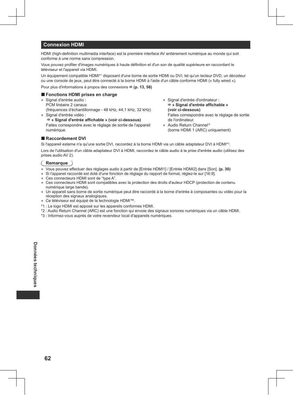 P. 62), Connexion hdmi | Panasonic TX32AW404 User Manual | Page 206 / 288