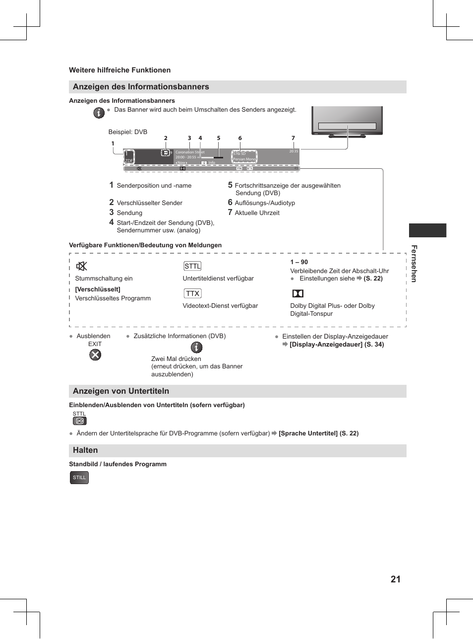 S. 21), Anzeigen des informationsbanners, Anzeigen von untertiteln | Halten | Panasonic TX32AW404 User Manual | Page 21 / 288