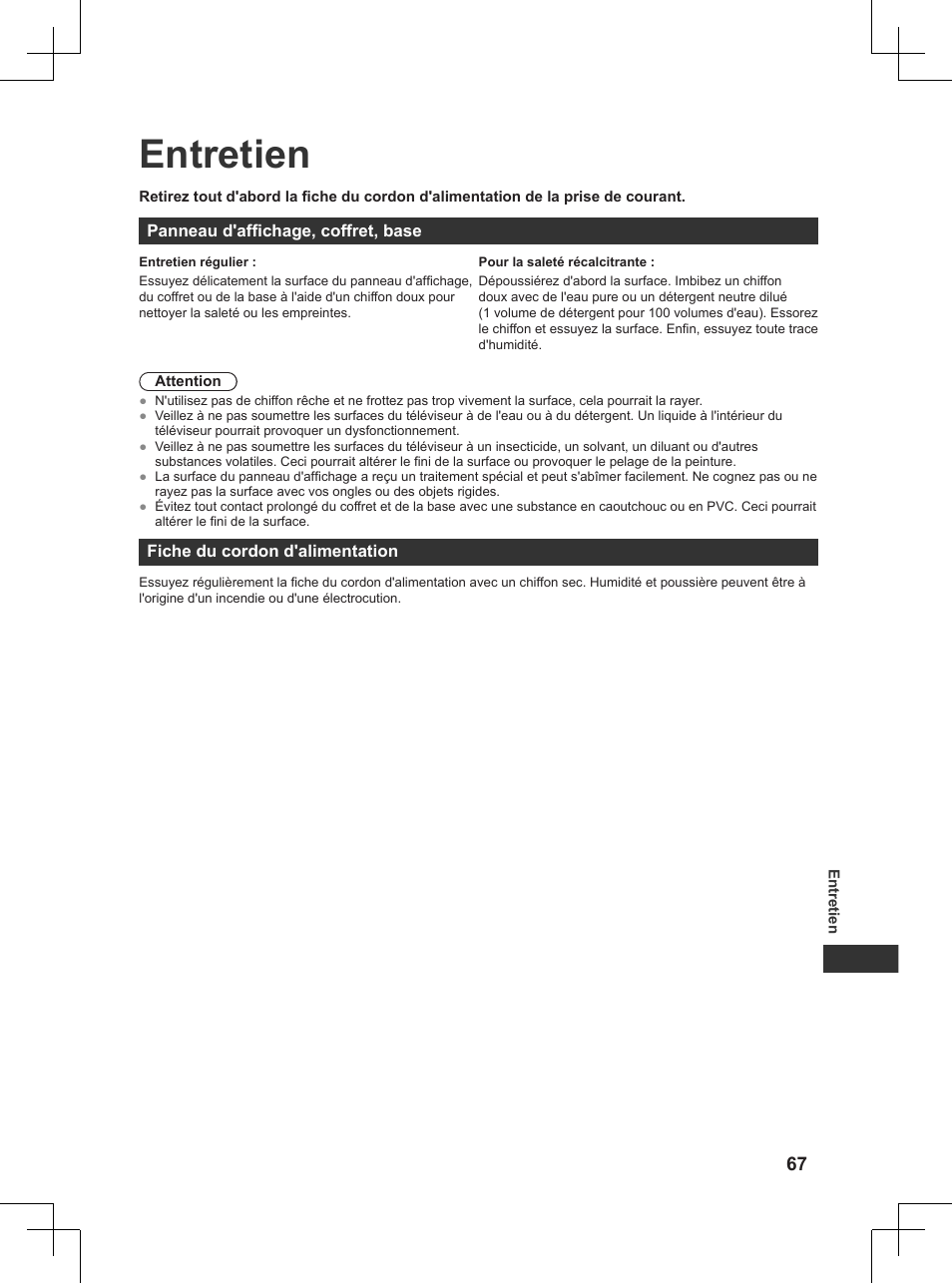 Entretien | Panasonic TX32AW404 User Manual | Page 211 / 288