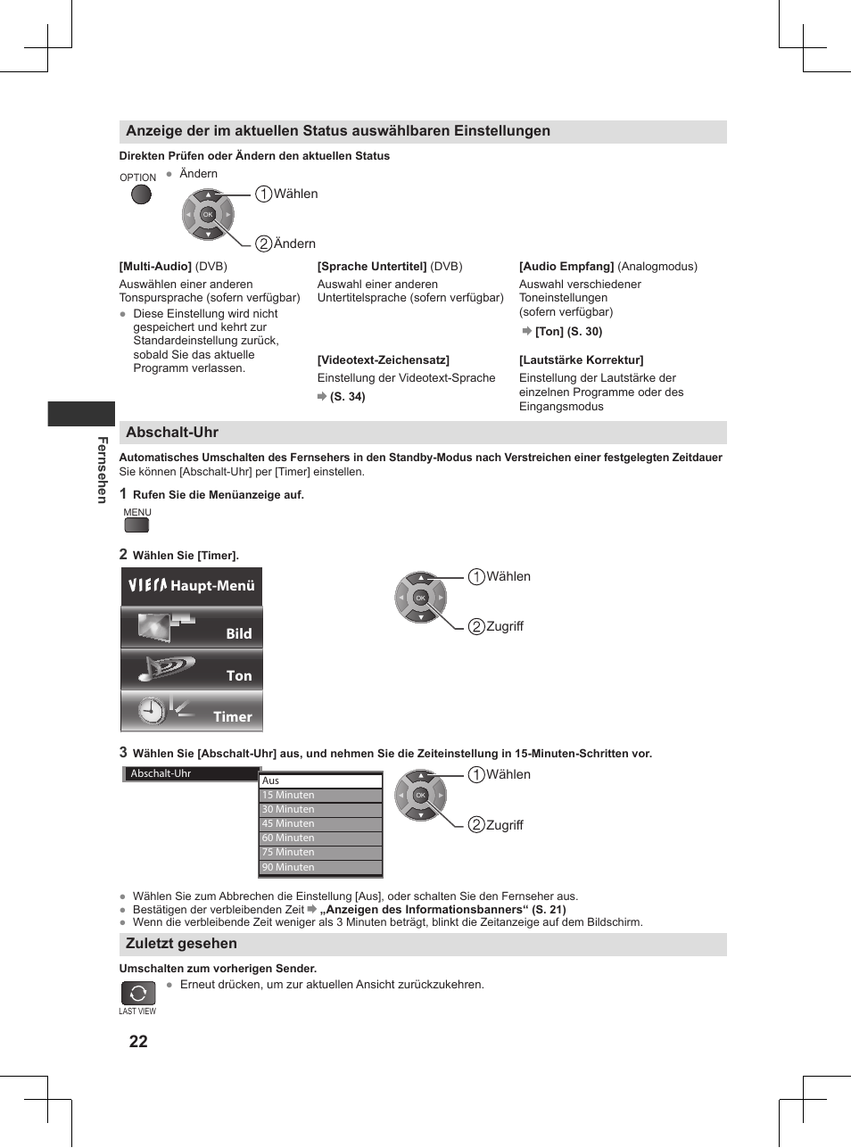 S. 22), Sprache untertitel] (s. 22) | Panasonic TX32AW404 User Manual | Page 22 / 288