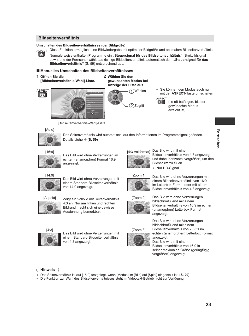S. 23), Bildseitenverhältnis | Panasonic TX32AW404 User Manual | Page 23 / 288