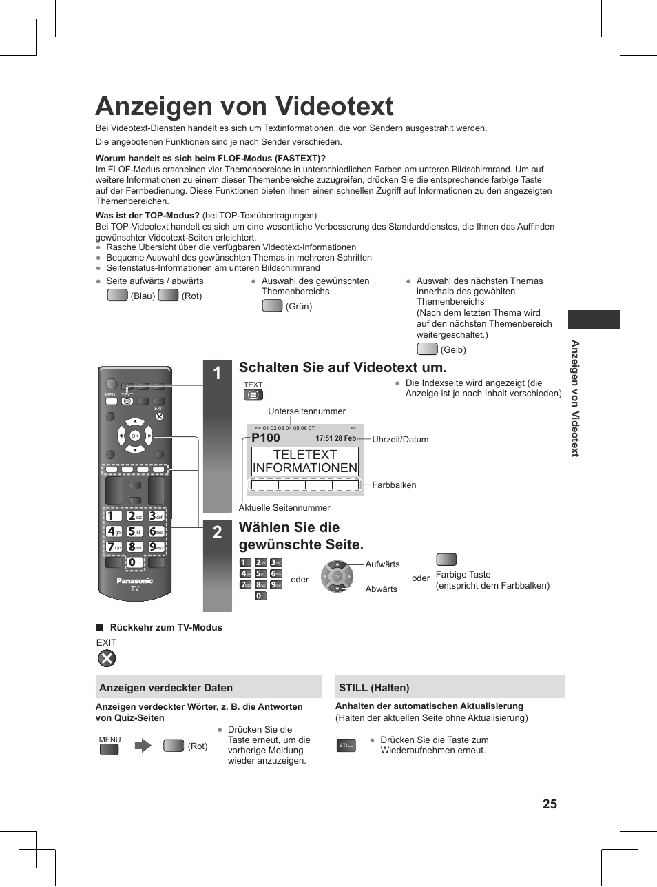 Anzeigen von videotext, S. 25), Schalten sie auf videotext um | Wählen sie die gewünschte seite, Teletext informationen | Panasonic TX32AW404 User Manual | Page 25 / 288
