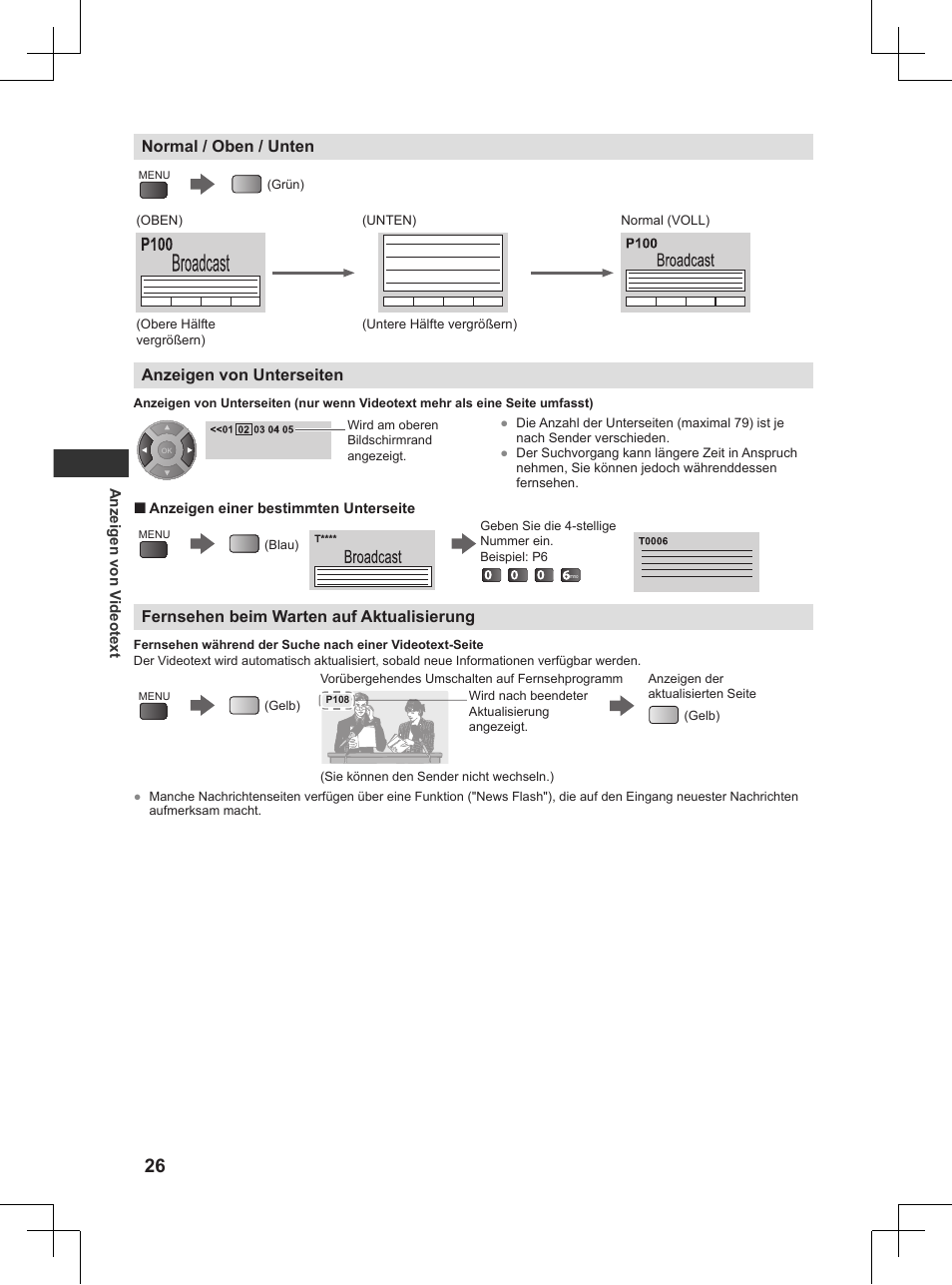 Normal / oben / unten, Anzeigen von unterseiten, Fernsehen beim warten auf aktualisierung | Panasonic TX32AW404 User Manual | Page 26 / 288