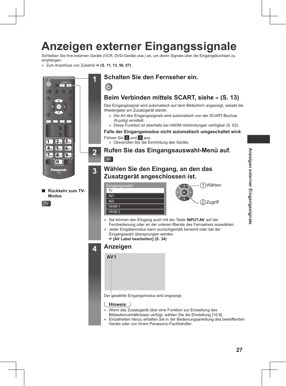 Anzeigen externer eingangssignale, S. 27), Rufen sie das eingangsauswahl-menü auf | Anzeigen | Panasonic TX32AW404 User Manual | Page 27 / 288