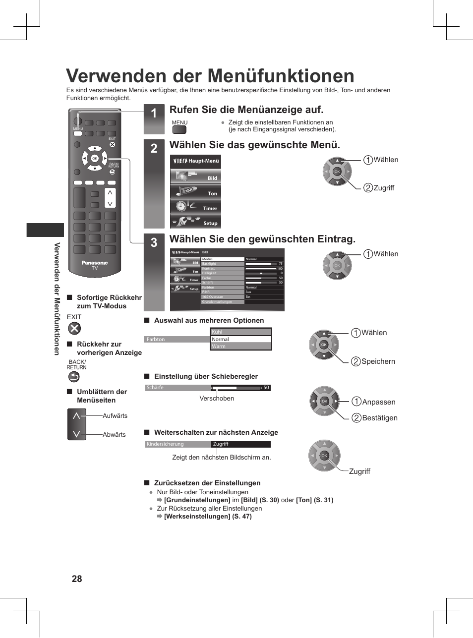 Verwenden der menüfunktionen, S. 28), Rufen sie die menüanzeige auf | Wählen sie das gewünschte menü, Wählen sie den gewünschten eintrag | Panasonic TX32AW404 User Manual | Page 28 / 288