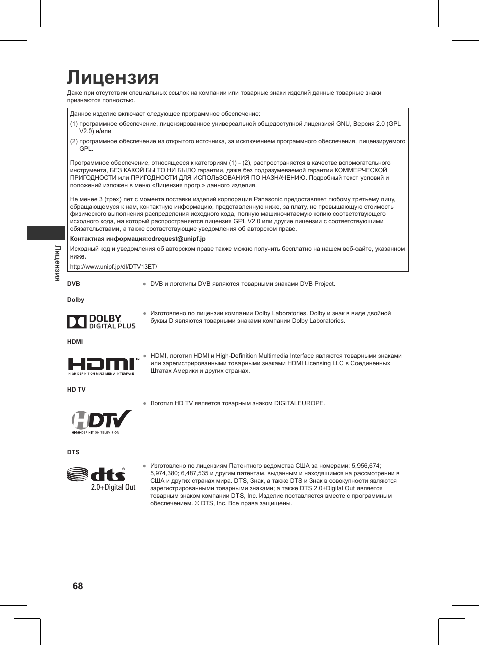 Лицензия | Panasonic TX32AW404 User Manual | Page 284 / 288