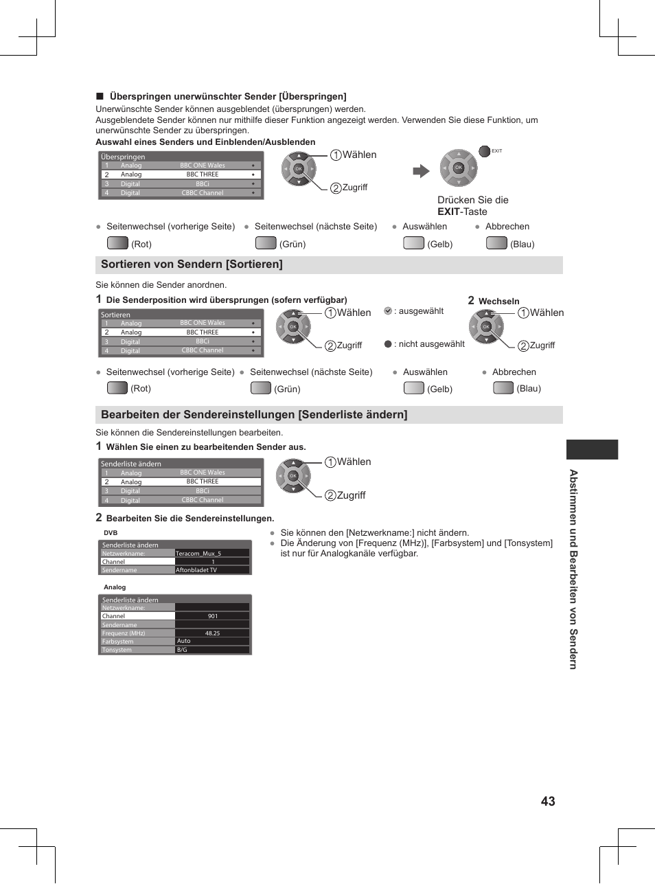 S. 43), Sortieren von sendern [sortieren, Abstimmen und bearbeiten von sendern | Panasonic TX32AW404 User Manual | Page 43 / 288