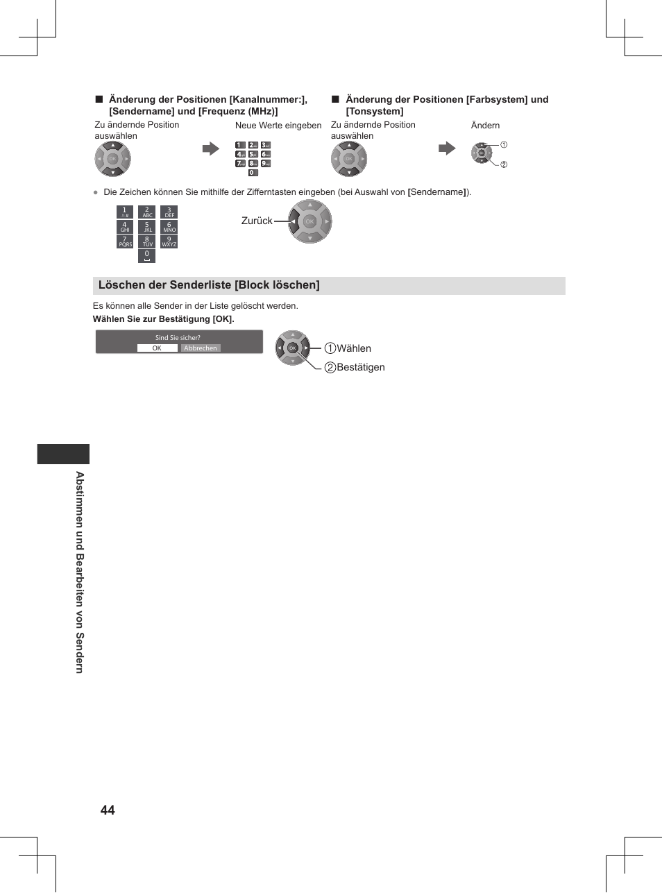 S. 44), Löschen der senderliste [block löschen, Abstimmen und bearbeiten von sendern | Zurück, Wählen bestätigen | Panasonic TX32AW404 User Manual | Page 44 / 288