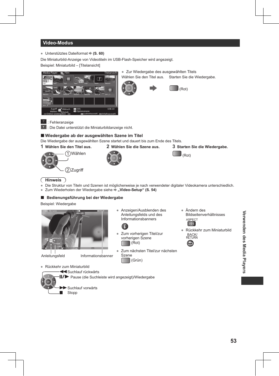 S. 53), Video-modus, Verwenden des media players | Panasonic TX32AW404 User Manual | Page 53 / 288