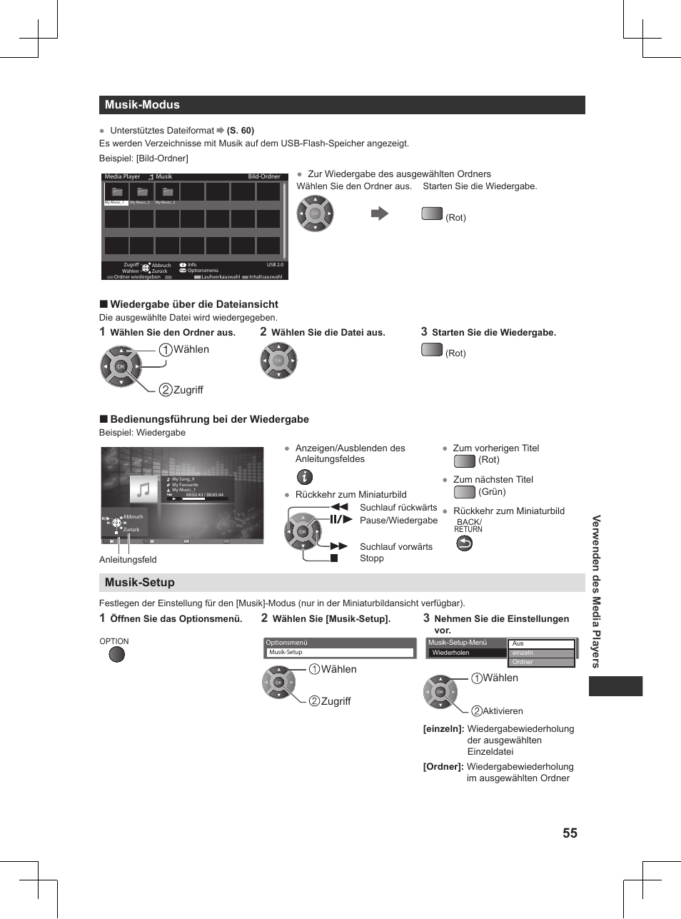 S. 55), Musik-modus, Musik-setup | Verwenden des media players | Panasonic TX32AW404 User Manual | Page 55 / 288